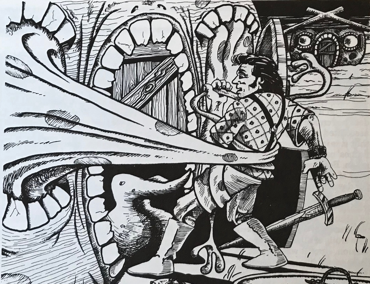 An adventurer has been grabbed by a building-sized mimic