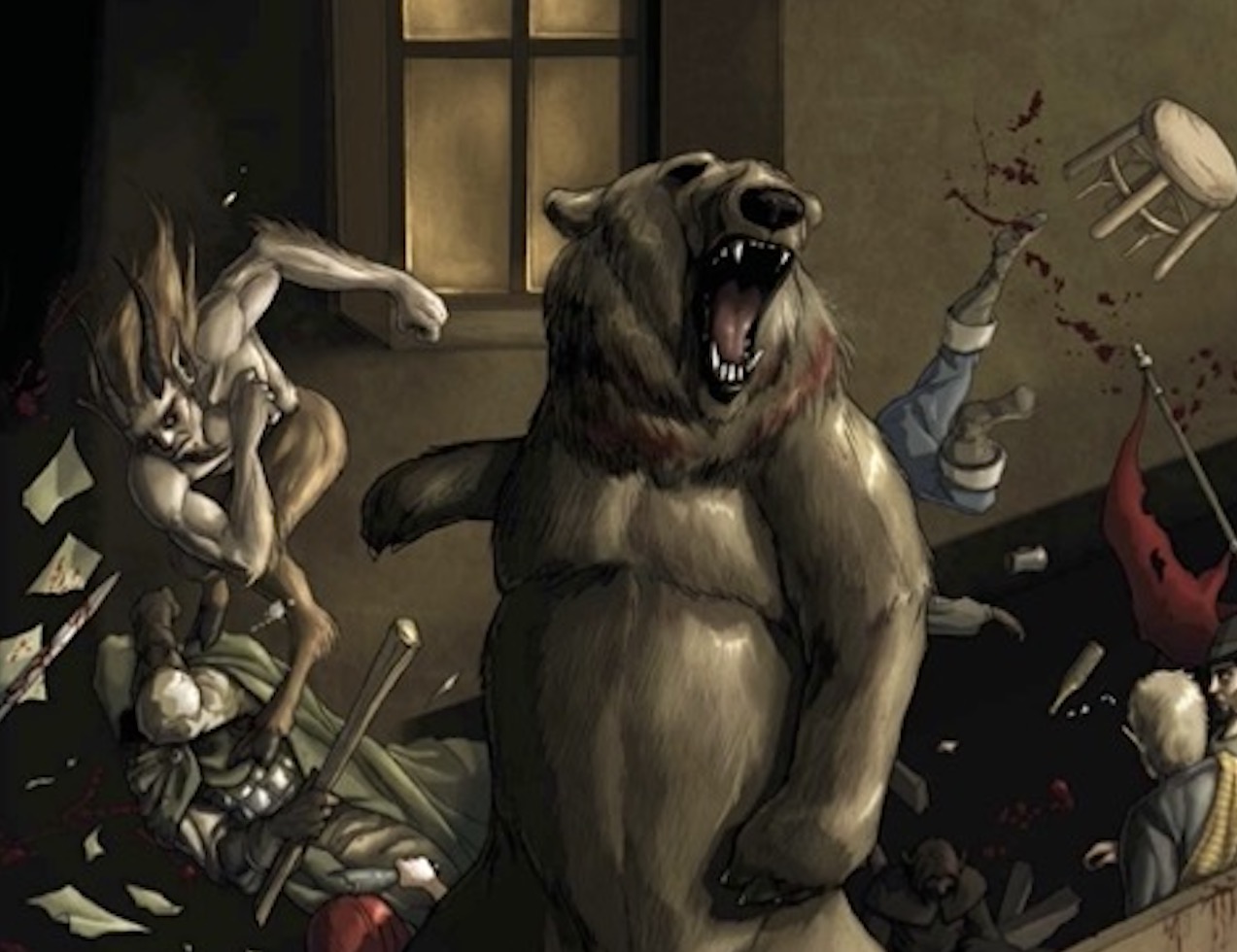A bear and a gang of satyrs run amok inside a tavern