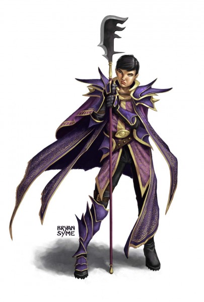 Frulam Mondath, Wearer of Purple, wields a halberd