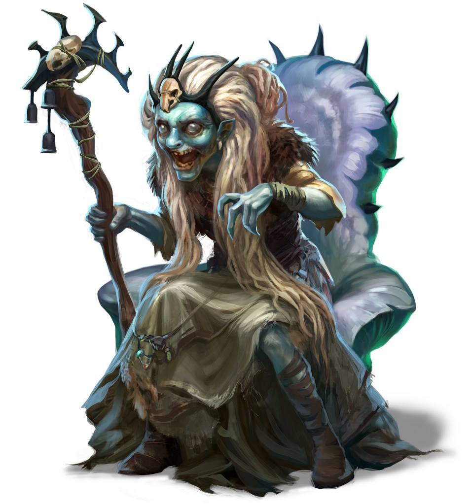 Blue skinned derro witch sitting on a mushroom throne