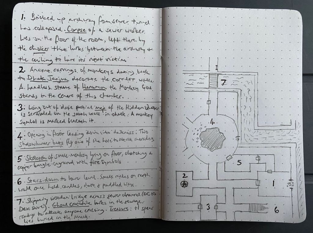 Room descriptions and hand drawn map in a notebook, depicting sewers and the first 7 rooms of the dungeon.