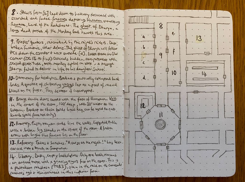 Room descriptions and hand drawn dungeon map in notebook.
