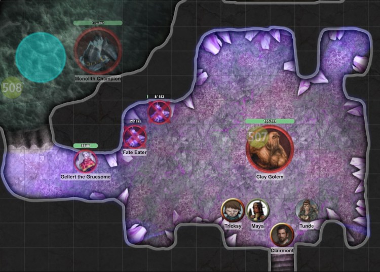 VTT map of purple cavern, PC tokens, Gellert the Gruesome, clay golem