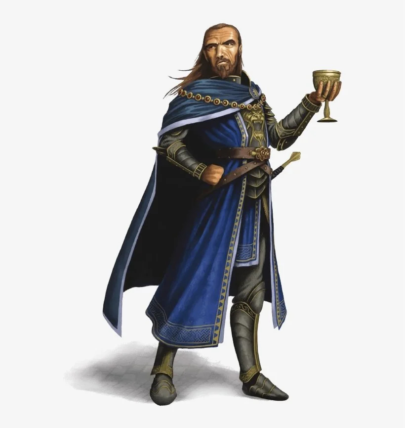 Dagult Neverember, bearded human male with long hair in blue cloak and robes, holding a goblet