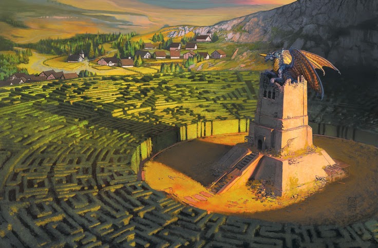 Stone tower with a blue dragon perched on top surrounded by a hedge maze. Village in the background