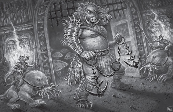 Demon with two boar heads wielding a spiked chain, flanked by two kobold mounted on tentacled dogmoles