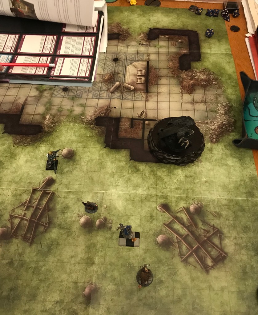 Wilderness & ruins battle map with dragon & PC minis