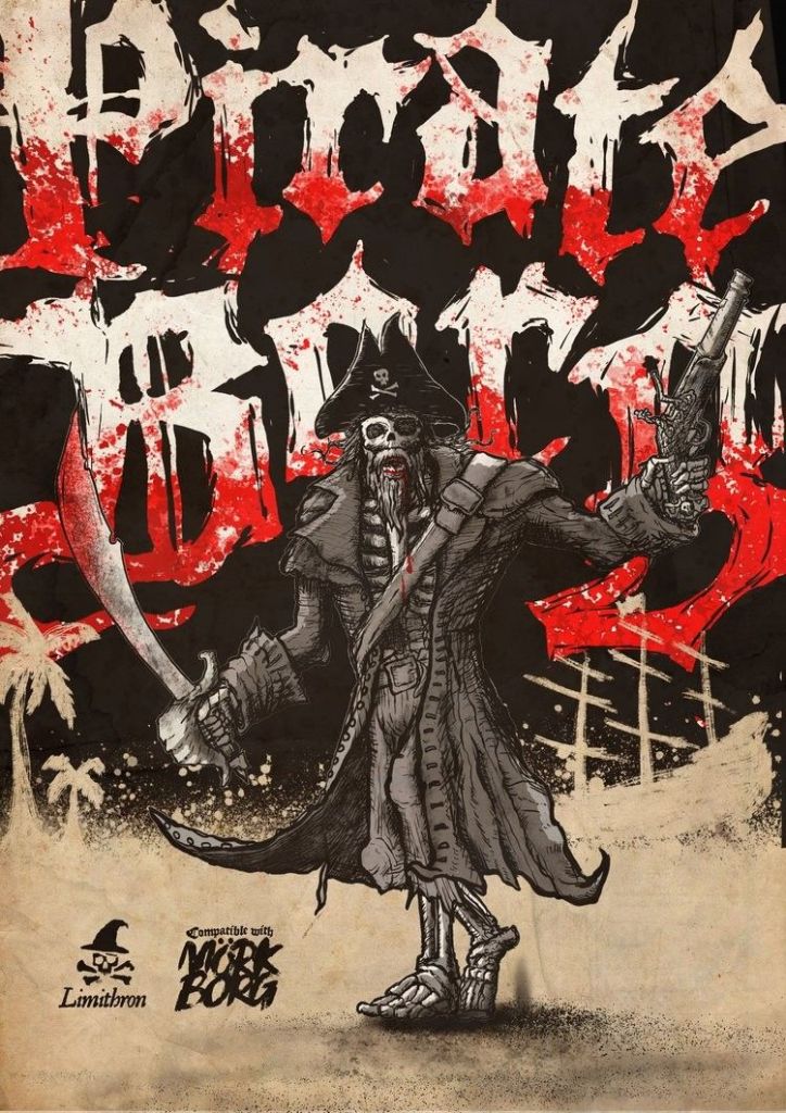 Pirate Borg cover art, skeletal pirate with cutlass and pirate hat