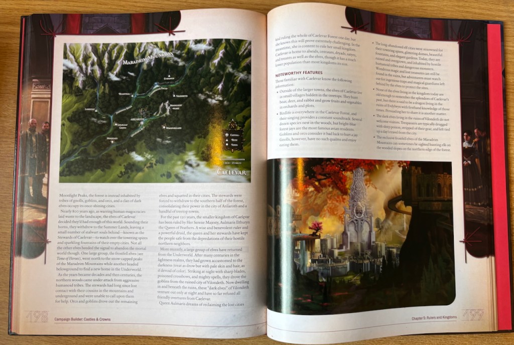 Castles and Crowns hardback book open at double page spread with elven kingdom map & illustration