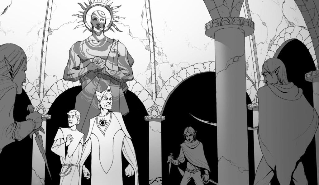 Shadow elves attack priests beneath the Sun God's statue