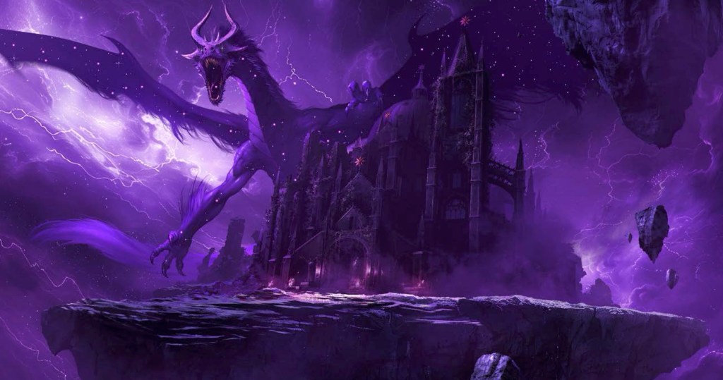 Void dragon, ruined cathedral, lightning flashes across a purple sky