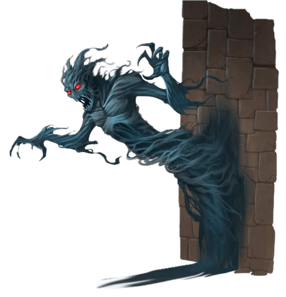 Shadowy spirit with glowing red eyes emerges from a wall