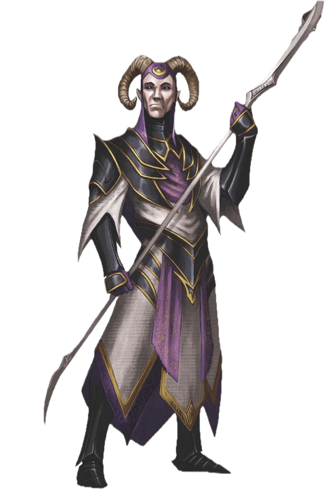 Shadow fey prince with curling ram's horns, carrying glaive.