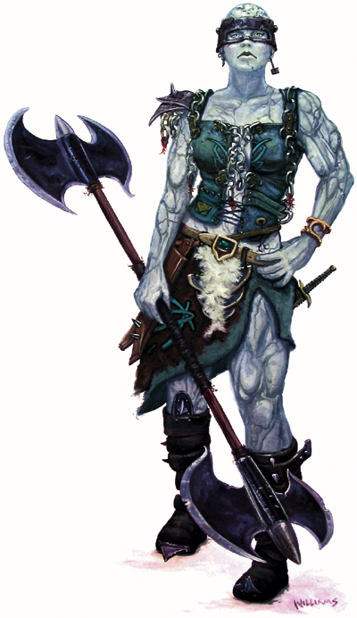 Pale-skinned female goliath warrior wielding a double-headed axe with blades at both ends.