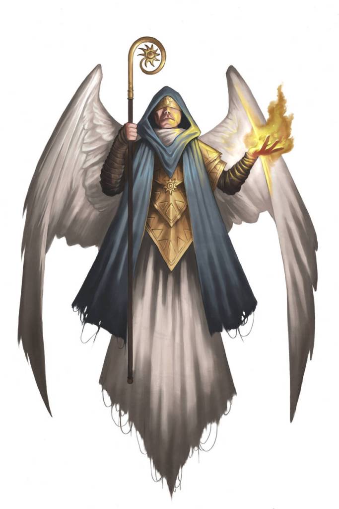 Male angel with white wings, wearing a gold blindfold, holding a golden crook in his right hand