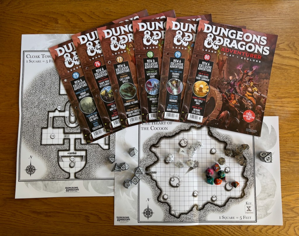 Six issues of Dungeons & Dragons Adventurer magazine, two fold out maps, dice