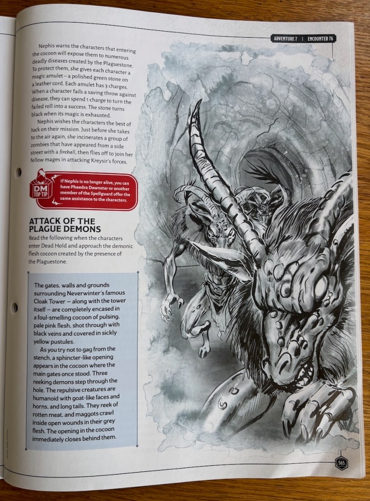 Magazine page with illustration of goat-headed plague demons