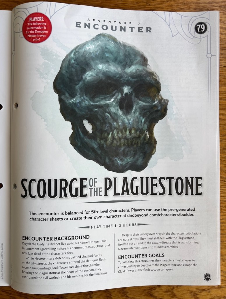 Magazine open to title page for Scourge of the Plaguestone adventure, with illustration of a large black skull