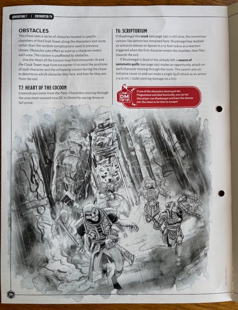 Magazine page, adventure text & illustration of adventurers running from collapsing dungeon