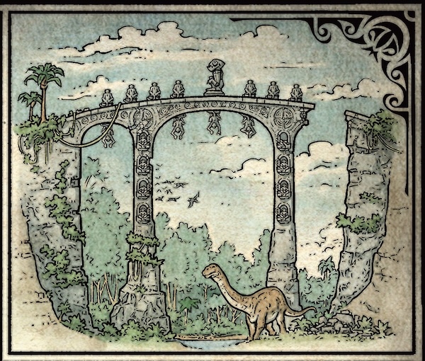 Stone bridge with statues over jungle river. Brontosaurus in the foreground.