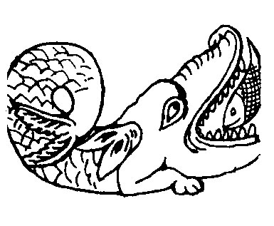 Makara, a creature that resembles a cross between a dolphin and a crocodile, with a fish inside its mouth
