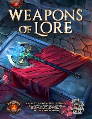 Cover to Weapons of Lore supplement, showing a glowing battle axe lying on a red cloth atop an altar