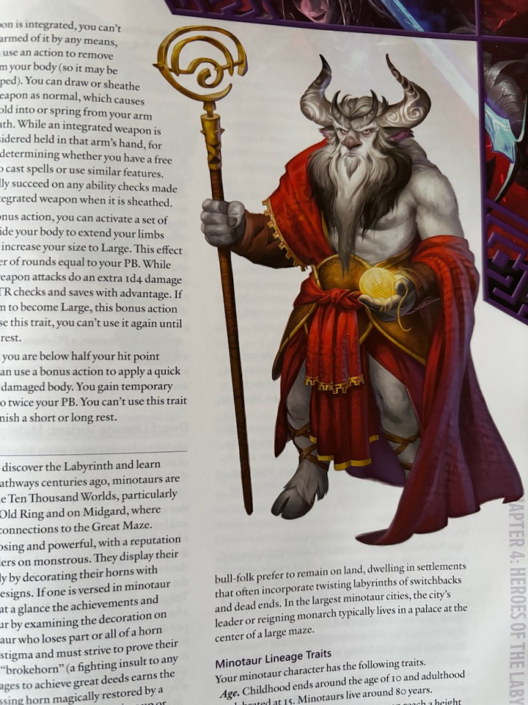 Page from the Labyrinth Worldbook with a minotaur holding a staff