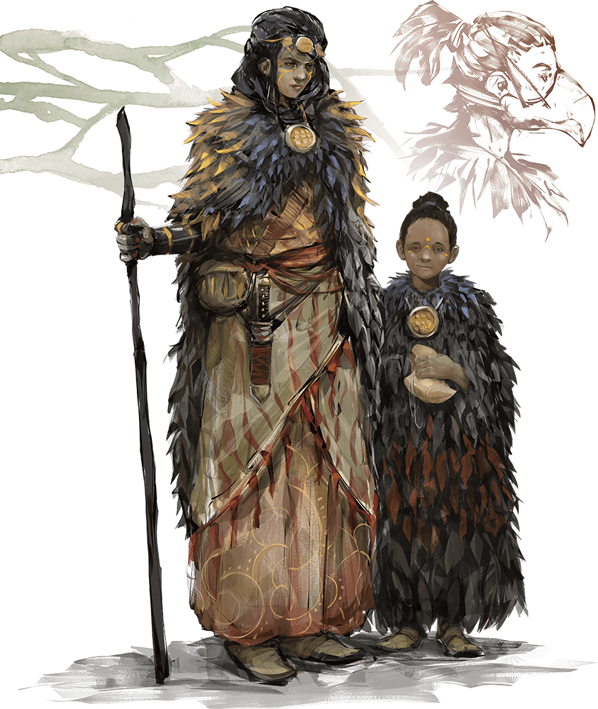 Illustration of teenage Chultan princess and her younger brother wearing a feathered cloak.