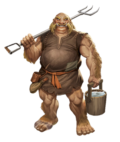Goofy, smiling ogre-like creature dressed in brown peasant's clothes, holding a pitchfork & bucket of water