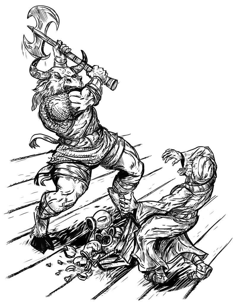 Angry minotaur threatening merchant in Arabic dress with an axe