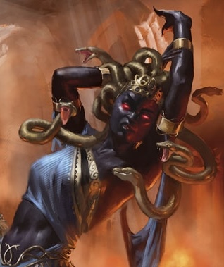 Dark-skinned medusa with glowing red eyes and golden snakes for hair.