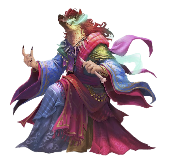 Female gnoll dressed in red and blue robes, biting off a broken bone.