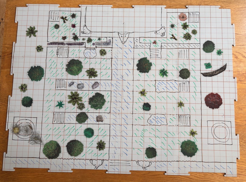Hand drawn battle mat on plastic tiles with coloured clings for trees & foliage