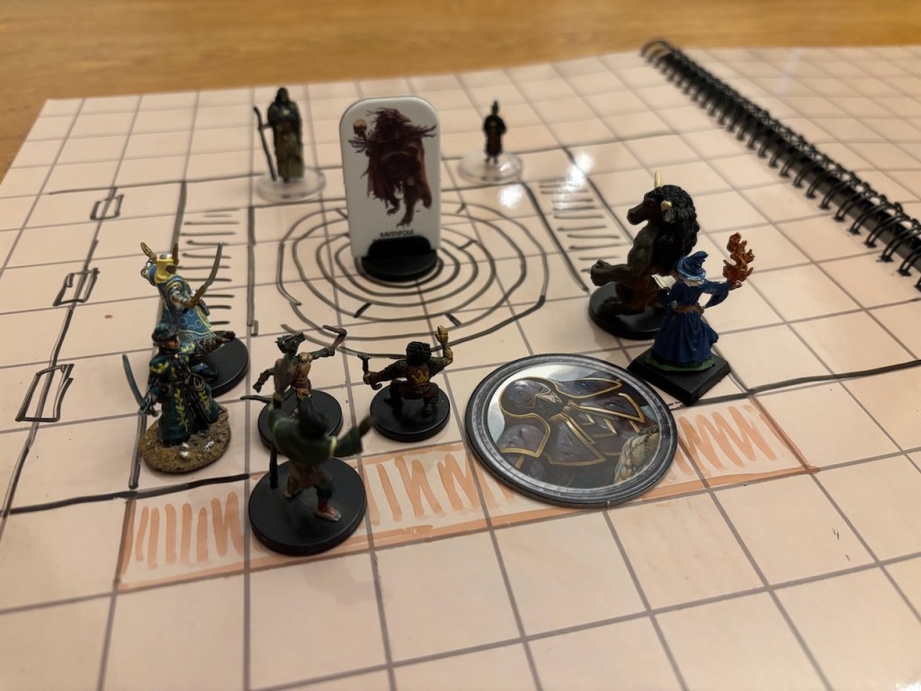PC minis on hand drawn battle map of Kir Sabal monastery