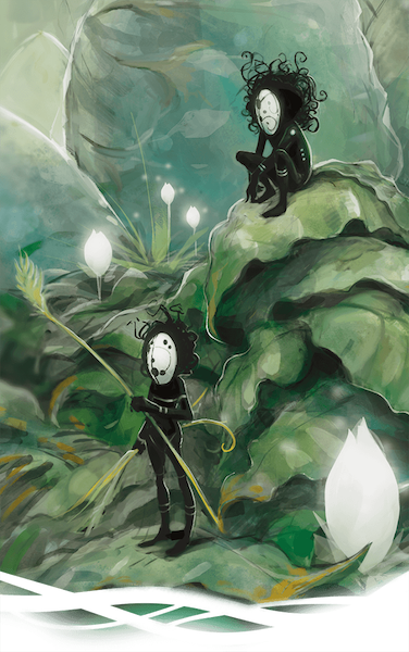 Chwingas, tiny humanoid figures with black bodies and white faces hide among the foliage