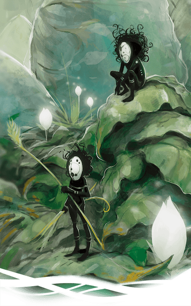 Two tiny black humanoid figures with white mask-like faces amongst the foliage.