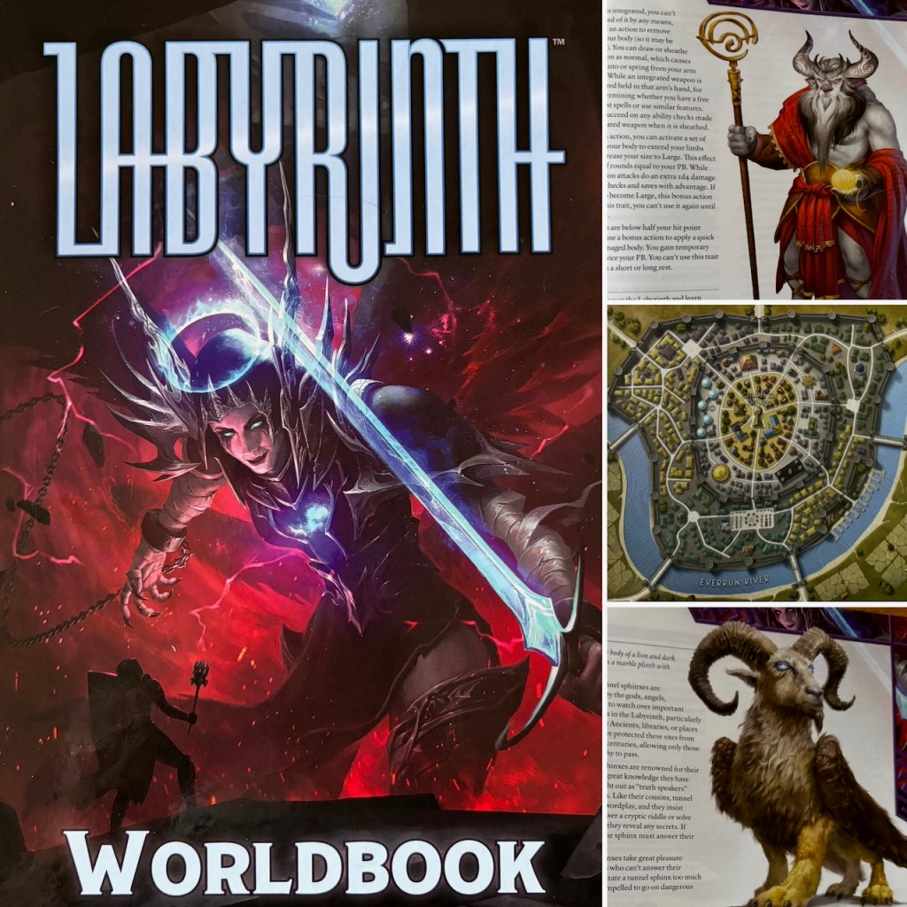 Front cover and interior images of the Labyrinth Worldbook, featuring a void angel, minotaur, the Smithy, and tunnel sphinx