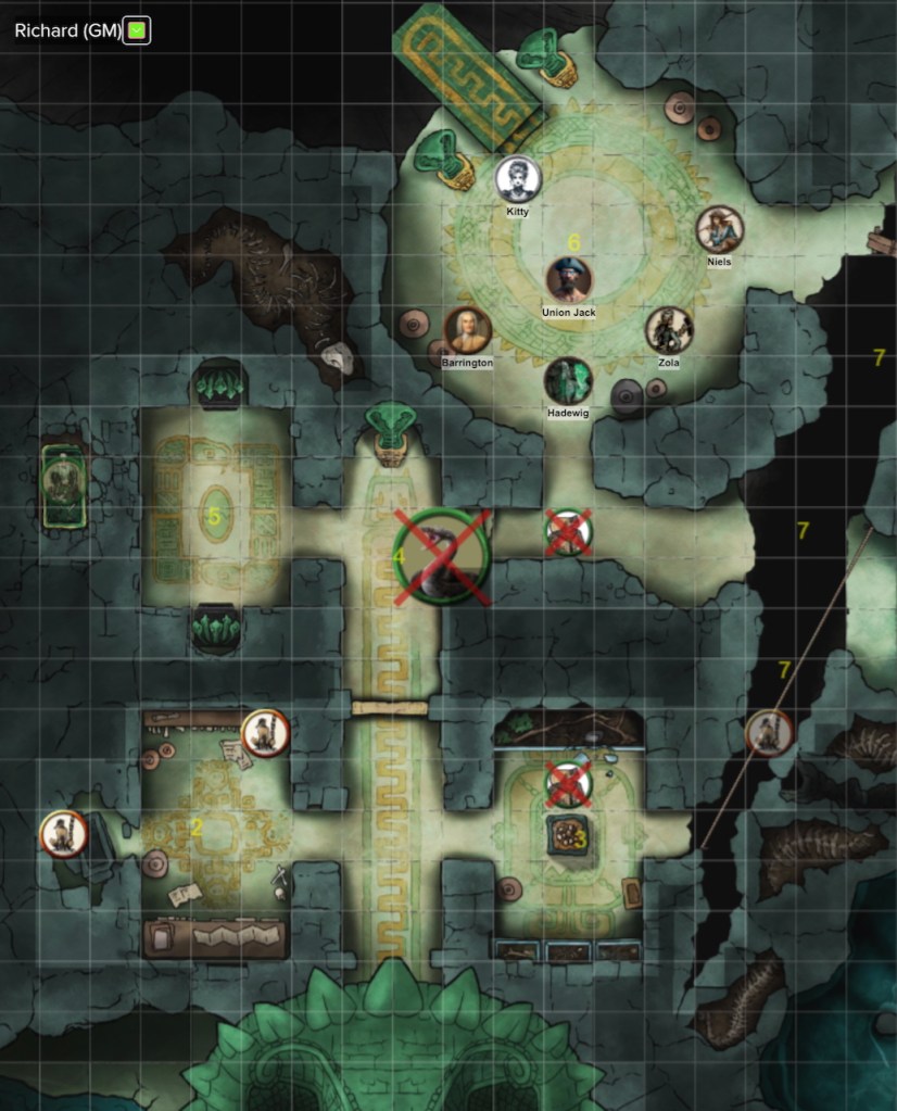 VTT map of snake temple with PC & monster tokens