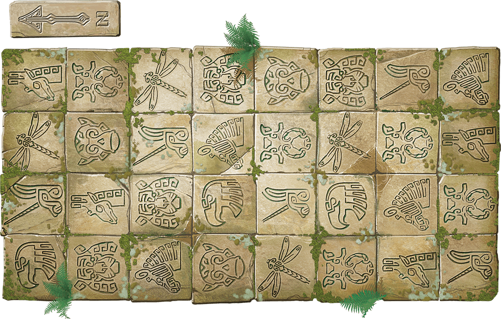 Grid of floor tiles, 4 x 8, each one carved with an animal symbol.