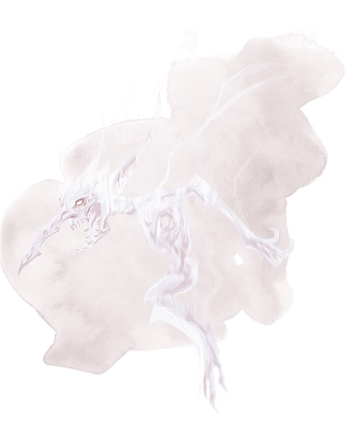 Long nosed winged white-skinned imp in a cloud of steam