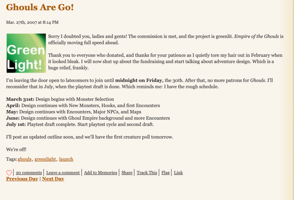 Screenshot from Wolfgang's Livejournal post entitled Ghouls Are Go!