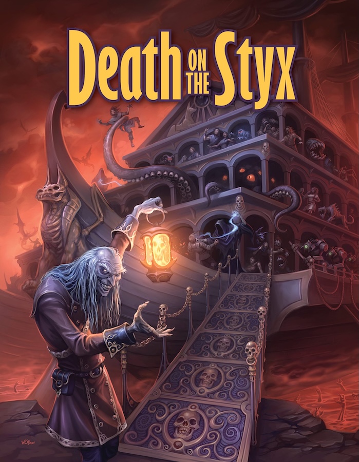 Death on the Styx adventure cover featuring a sinister figure with a lantern welcoming you aboard a large Egyptian style river ship under attack from a tentacled creature