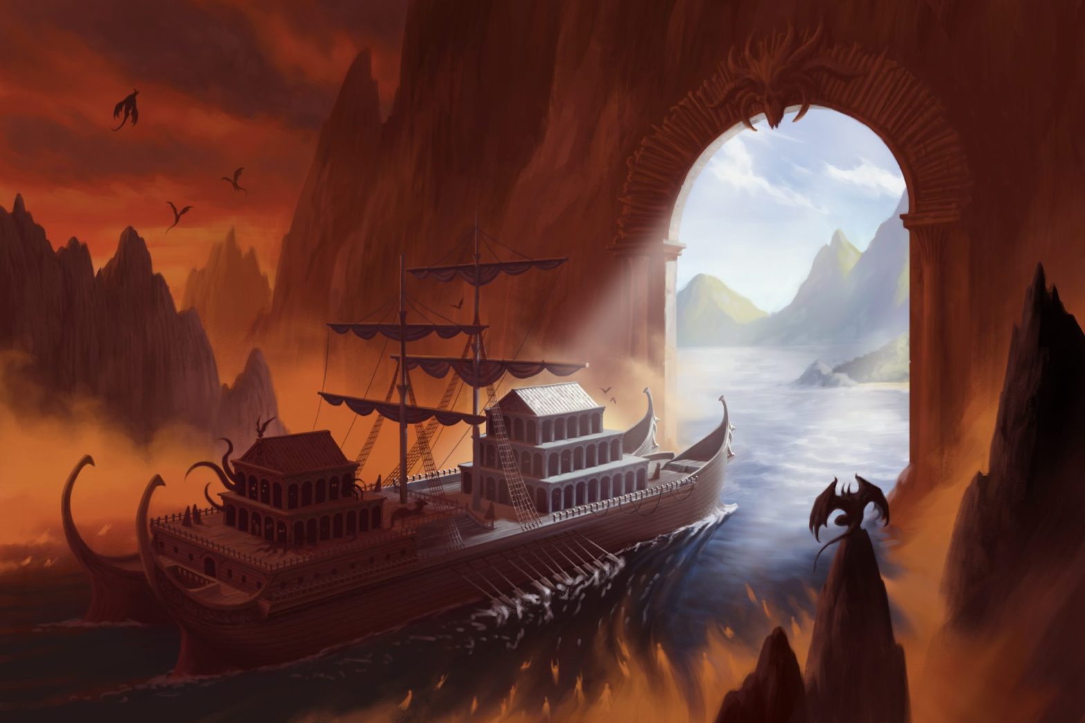 The Silver Sphinx, an Egyptian style river ship with sails and oars heads through a portal on the River Styx