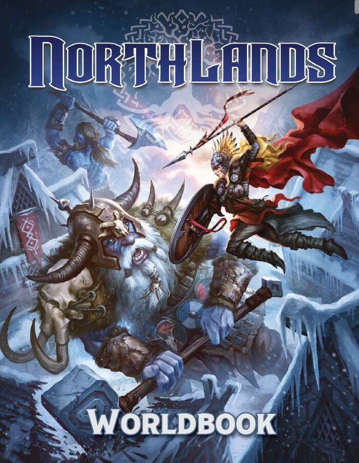 Northlands Worldbook cover featuring female warrior with a spear leaping at a frost giant