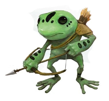 Humanoid tropical frog with bright green skin and black markings. Drawing back an arrow in its bow.