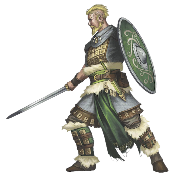 Northlands warrior with blond mohican hairstyle, green shield and longsword