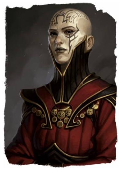 Bald female wizard with tattooed face and head, dressed in red robes trimmed with black and gold, high collar.