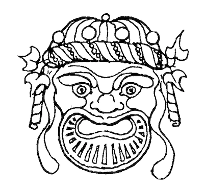 Black & white line drawing of classical theatre mask