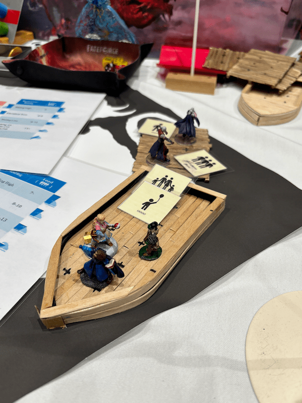 PC minis and evacuee tokens on two handmade wooden boats