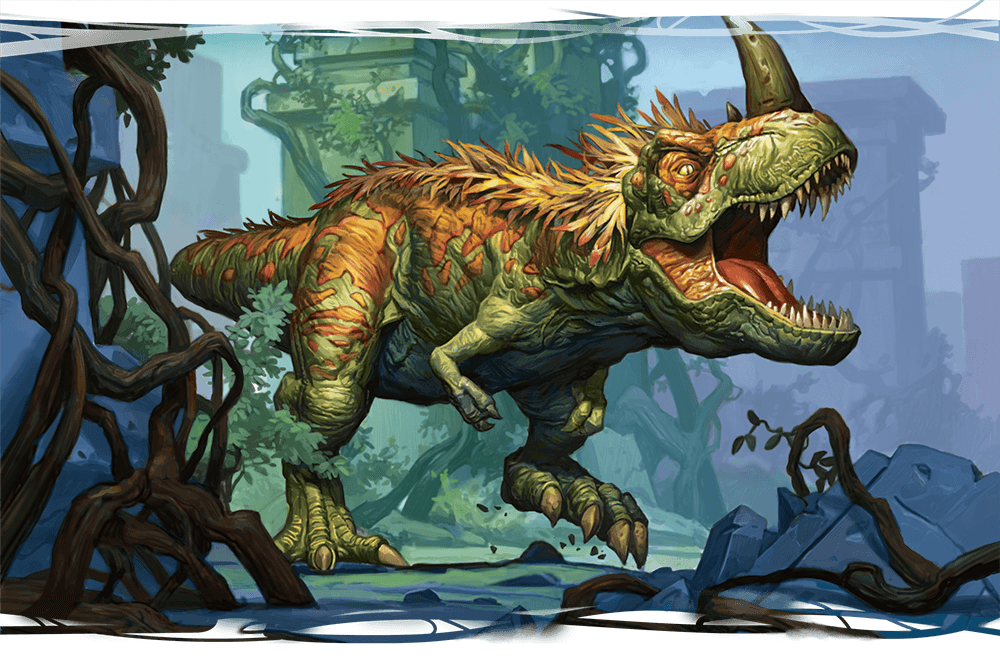 Feathered tyrannosaurus rex with large horn stomps through ruined jungle city.